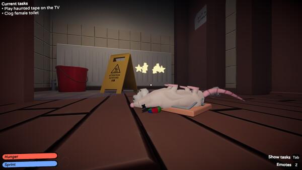 A rat in the bathroom — wet floor sign, bucket, haunted tape and clog toilet tasks open