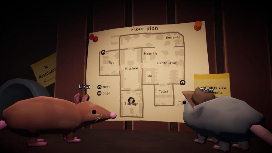 Lisa and Tom the rats studying the restaurant floor plan on a wall