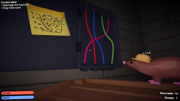 Lisa the rat in a hard hat in front of the restaurant fuse box, task list open