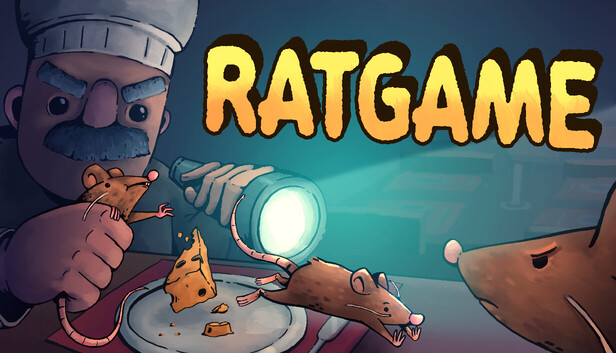 Rat Game key art — a chef with a flashlight facing a rat on the kitchen table
