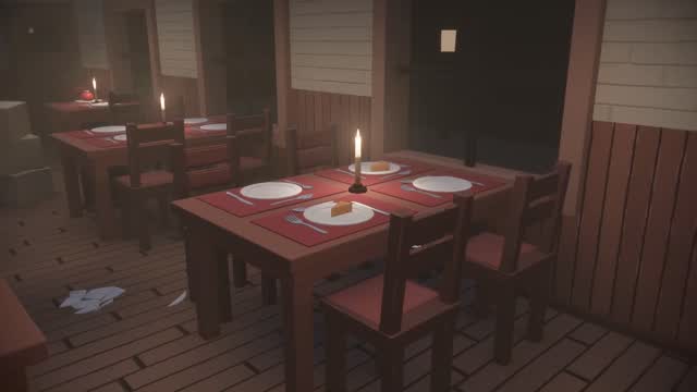Inside the restaurant — wooden tables, candles, dark corners
